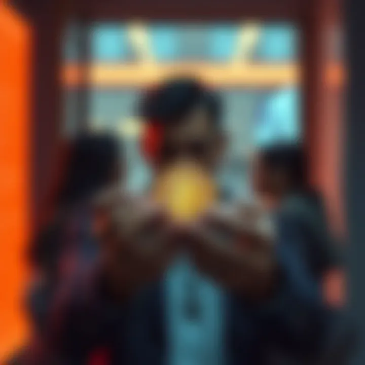 A person holding Bitcoin coins while ignoring friends around them, representing the conflict between digital wealth and real-life relationships.