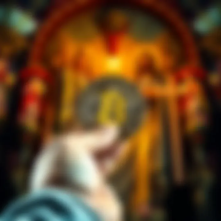 Bitcoin and Religion Connection A visual representation of a person holding a Bitcoin against a backdrop of religious symbols, highlighting the link between Bitcoin culture and faith.