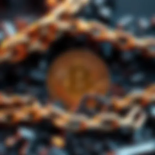 Bitcoin symbol surrounded by breaking chains symbolizing overcoming challenges