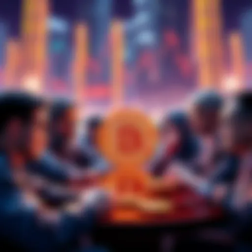 Group of Bitcoin investors discussing strategies during a bear market, showing determination and confidence, despite market challenges.