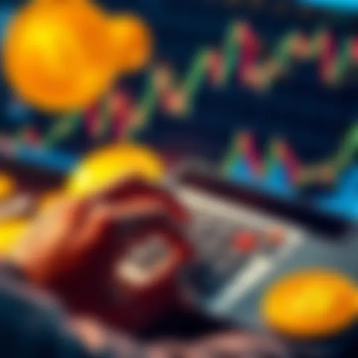 A person using a calculator with Bitcoin symbols and graphs in the background, analyzing retirement needs without selling Bitcoin.