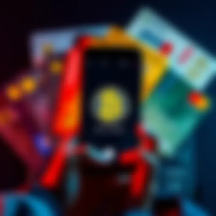 A person holding a smartphone showing Bitcoin earnings with credit cards in the background