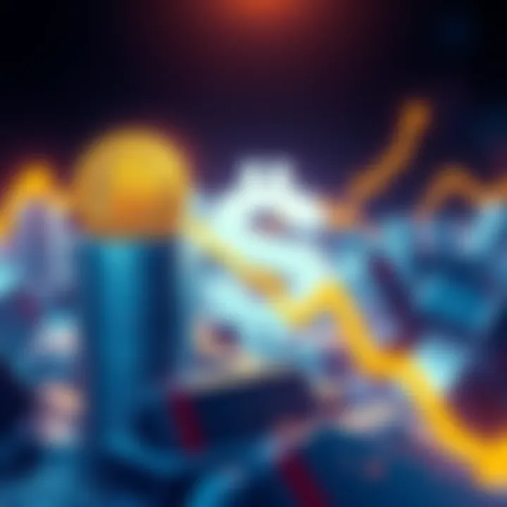Illustration showing a rising Bitcoin symbol with a declining dollar sign in the background