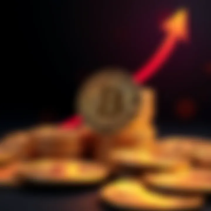 A stack of Bitcoin coins with an upward trending arrow, symbolizing the potential increase in Bitcoin value to $1 million.