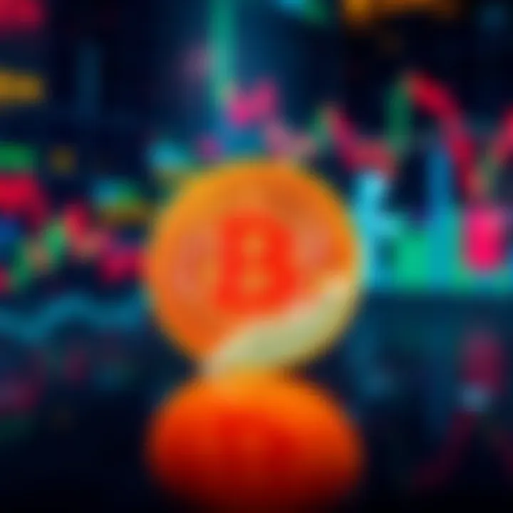 Bitcoin Rising Amid Economic Uncertainty A Bitcoin symbol surrounded by financial graphs showing a downward trend in stock markets, reflecting a shift in investment focus.