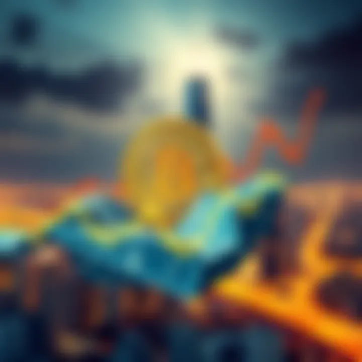 Graph showing Bitcoin's price surge with a city skyline in the background.
