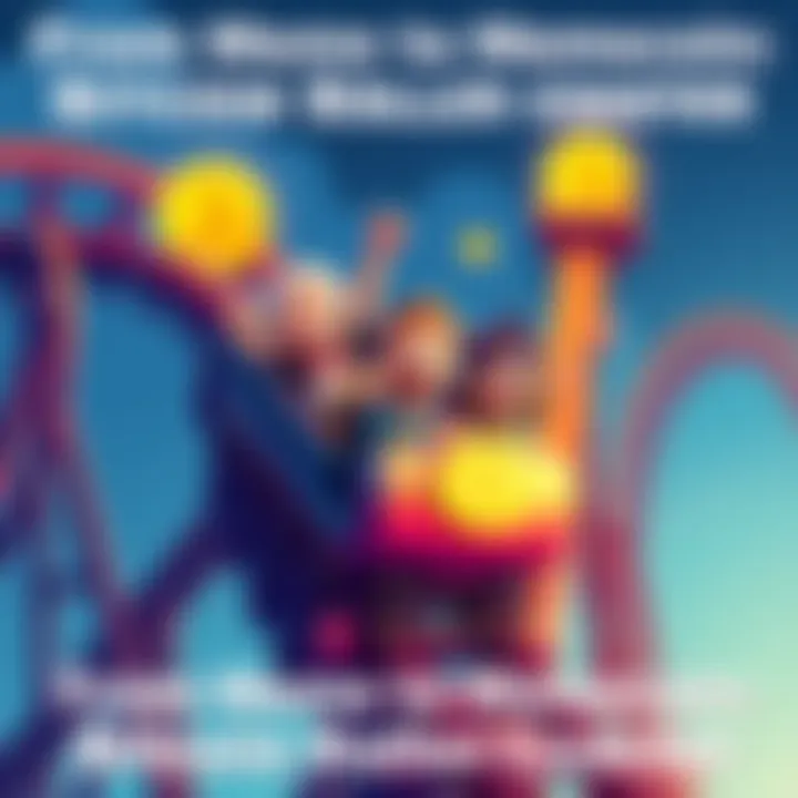 A colorful depiction of a roller coaster illustrating the ups and downs of Bitcoin prices with animated characters celebrating and reacting to the ride.