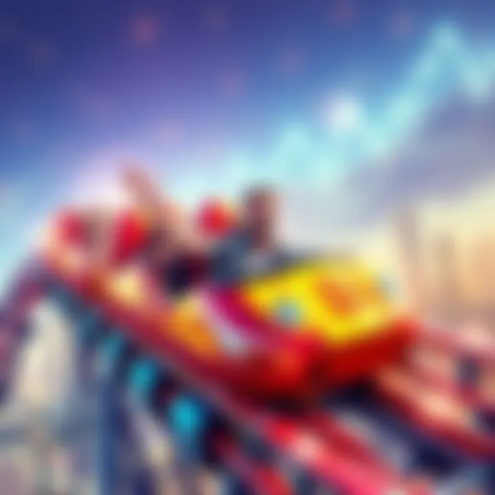A colorful depiction of the Bitcoin Roller Coaster Guy meme showing a man enjoying a thrilling ride with fluctuating Bitcoin prices in the background.