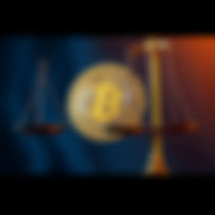 Bitcoin and law scales Bitcoin symbol next to scales of justice representing legal implications