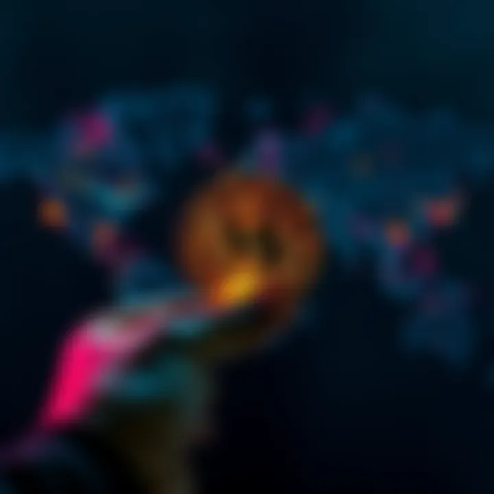 A person holding a physical Bitcoin with a backdrop of a global map showing tension with highlighted areas, symbolizing geopolitical unrest.