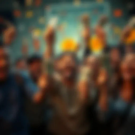 A group of excited people celebrating after selling Bitcoin for a small profit, with $25 bills in hand and smiles on their faces.