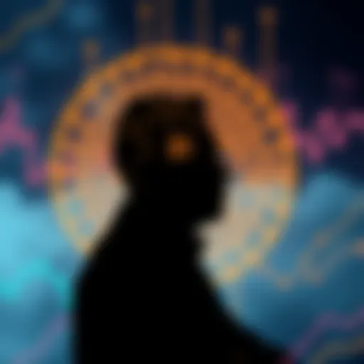 A visual representation of Bitcoin and its creator Satoshi Nakamoto, showing a digital currency symbol and a silhouette of a person thinking about finance.