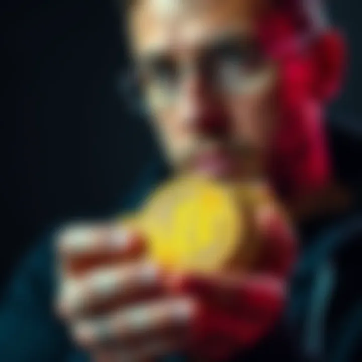 A person holding Bitcoin coins with a thoughtful expression, symbolizing the trend of holding rather than spending.