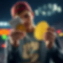 A college athlete holds a Bitcoin while looking at betting slips, symbolizing the shift from gambling to saving, with a bright future ahead.