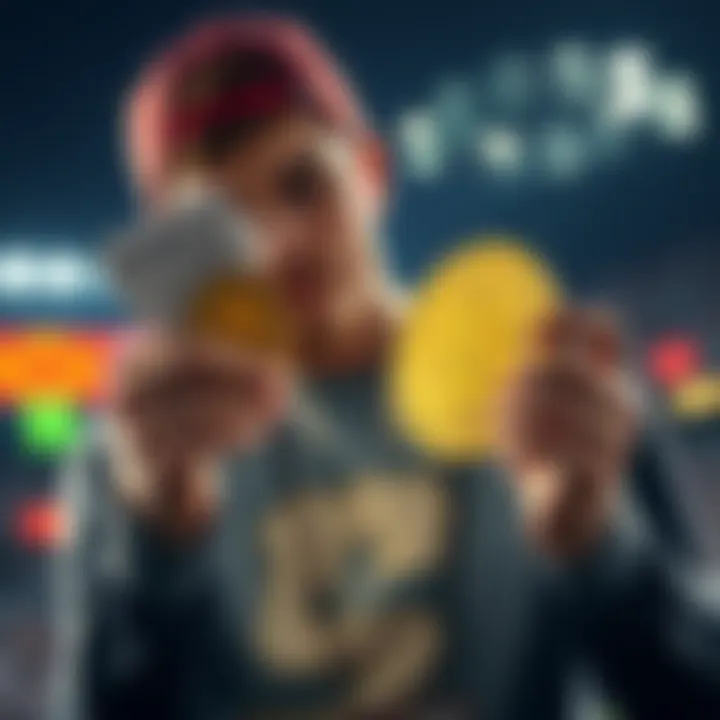 A college athlete holds a Bitcoin while looking at betting slips, symbolizing the shift from gambling to saving, with a bright future ahead.