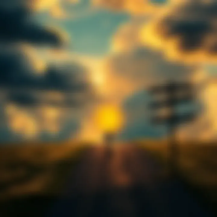 A person stands at a crossroads, one path leading to a shining Bitcoin symbol representing financial freedom and the other to dark clouds symbolizing potential hardship. A signpost indicates choices for the next decade.