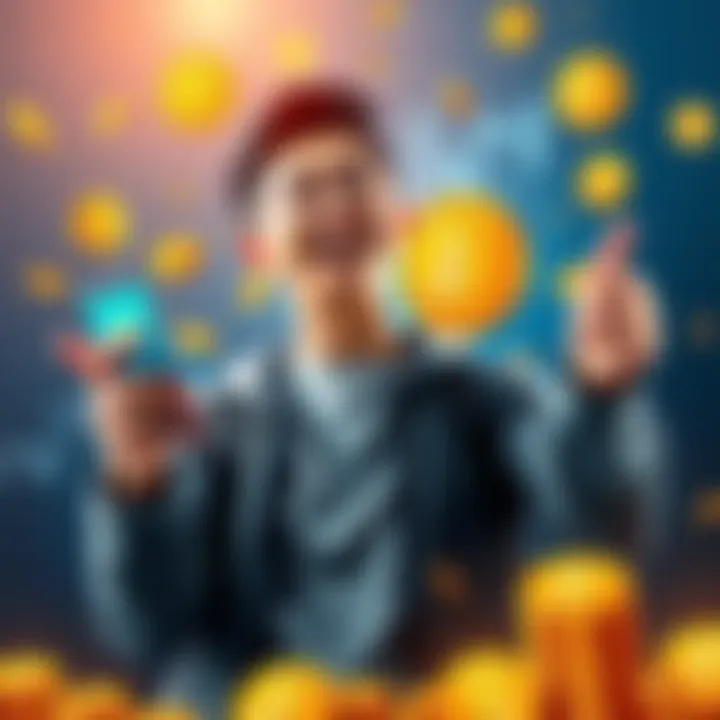 Bitcoin Savings Journey A young person celebrating their financial success with Bitcoin, holding a smartphone showing a Bitcoin app, surrounded by savings and investment symbols.