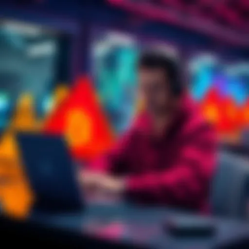 A person researching Bitcoin scams on a laptop with caution signs in the background