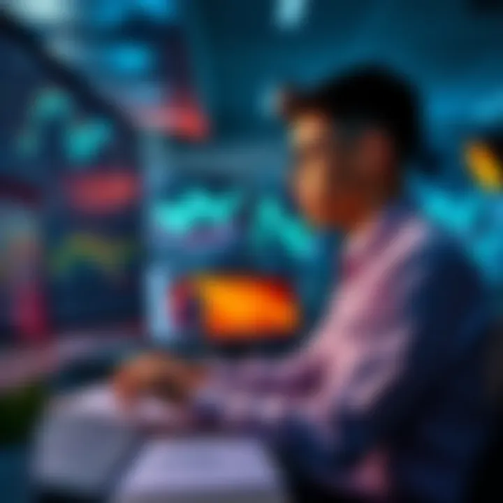 A graduate student analyzing data related to Bitcoin scams using Lightning Network payments, surrounded by charts and computer screens.