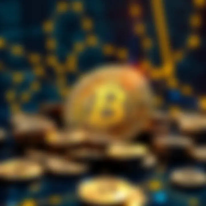 Concept of Bitcoin's scarcity with coins and a digital network background