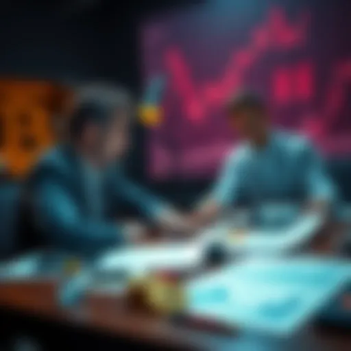 Two people discussing Bitcoin's scarcity with charts and graphs on a table