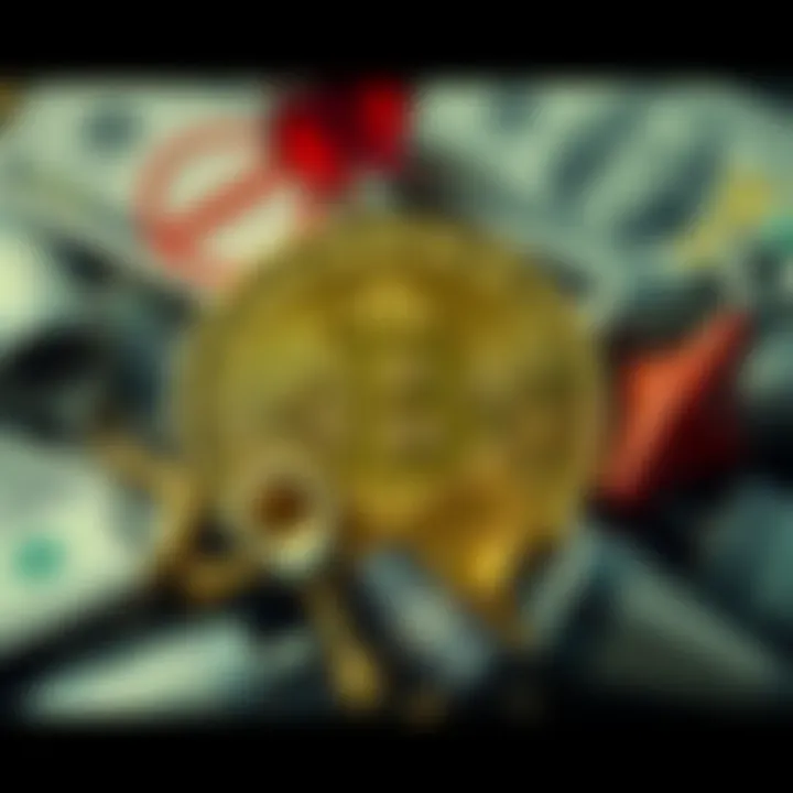 A close-up of a Bitcoin coin surrounded by symbols of scams and money laundering, highlighting its controversial reputation.