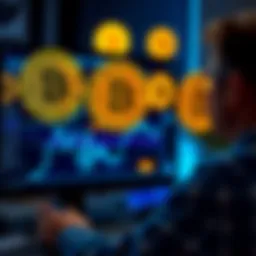 A man looking at a computer screen displaying Bitcoin logos and investment details, symbolizing the search for lost investments.