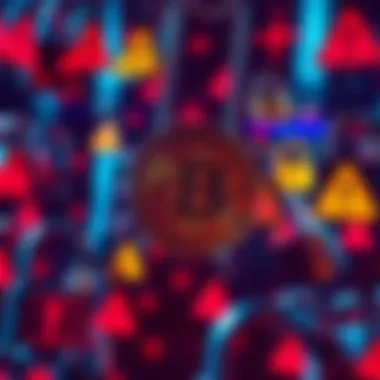 A visual representation showing a Bitcoin symbol surrounded by digital locks and warning signs, indicating vulnerability to hacking risks.