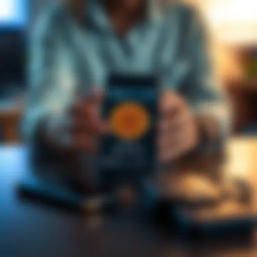A person holding a smartphone showing Bitcoin exchange app while looking concerned, next to a hardware wallet on a table.