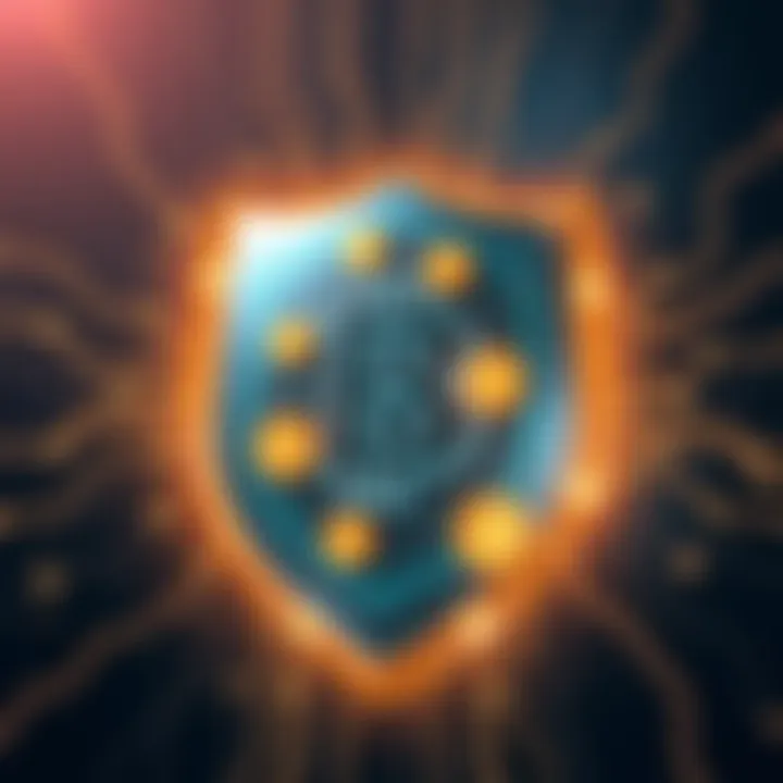 Illustration showing a digital shield with Bitcoin symbols, highlighting security elements that protect the network.