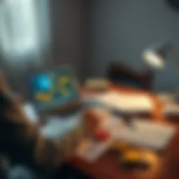 A person sitting at a desk, writing a plan for securing Bitcoin assets for family. A laptop with Bitcoin graphics is open, and papers are scattered around detailing emergency strategies.