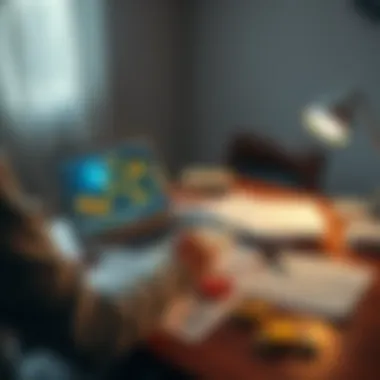 A person sitting at a desk, writing a plan for securing Bitcoin assets for family. A laptop with Bitcoin graphics is open, and papers are scattered around detailing emergency strategies.