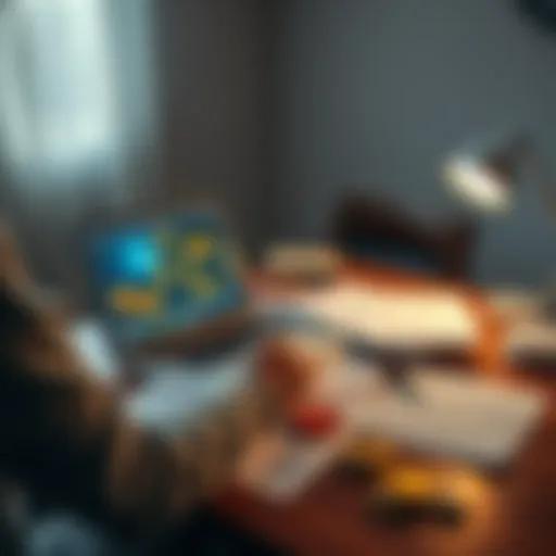 A person sitting at a desk, writing a plan for securing Bitcoin assets for family. A laptop with Bitcoin graphics is open, and papers are scattered around detailing emergency strategies.