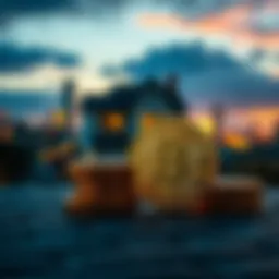 A stack of Bitcoin coins with a silhouette of a house and a city skyline suggesting financial security and comfort