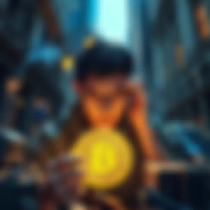 Bitcoin Self-Custody Challenges A person struggling with Bitcoin storage options, surrounded by symbols of Wall Street finance, showcasing the tension between self-custody and institutional control.