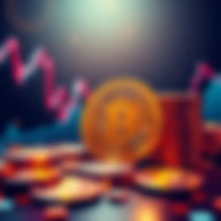 Illustration showing a downward trend in Bitcoin prices with digital currency symbols and a graph declining in the background.