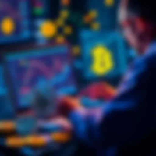 A person analyzing charts and graphs on a laptop while considering selling Bitcoin, with dollar bills and Bitcoin symbols around.