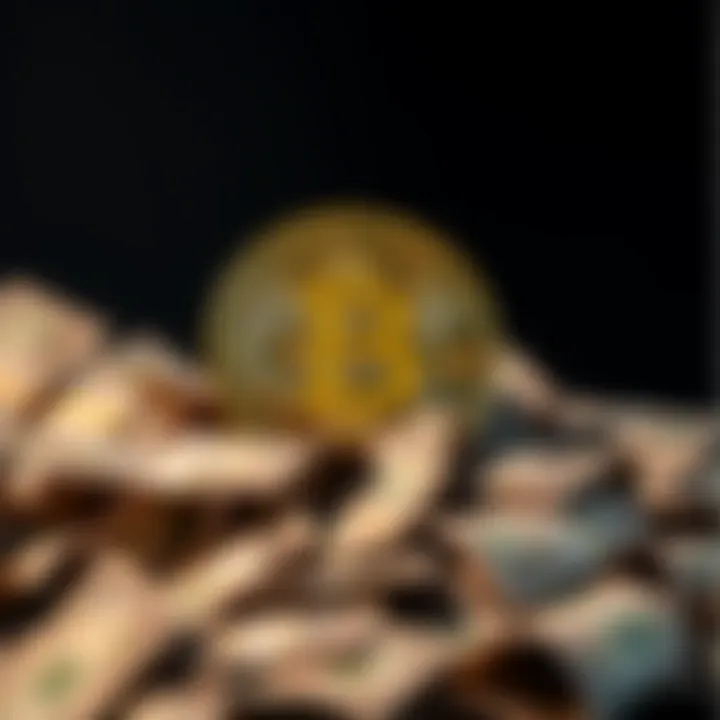 A shadowy Bitcoin symbol overlaying a pile of cash, symbolizing deception in finance.