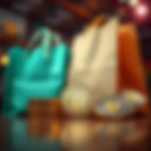 A close-up of stacked Bitcoin coins next to a shopping bag, symbolizing the shift in spending habits due to stacking sats.