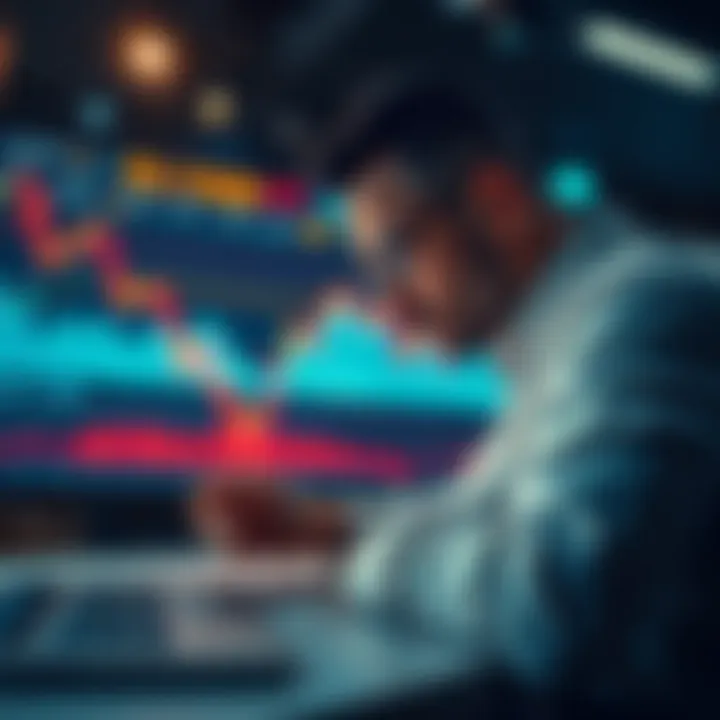 A trader analyzing Bitcoin charts with a bearish outlook on a digital screen, symbolizing shorting Bitcoin.