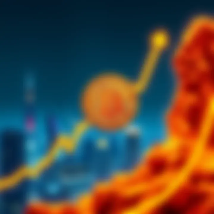 A graphic showing Bitcoin's price rapidly increasing with a futuristic skyline in the background.
