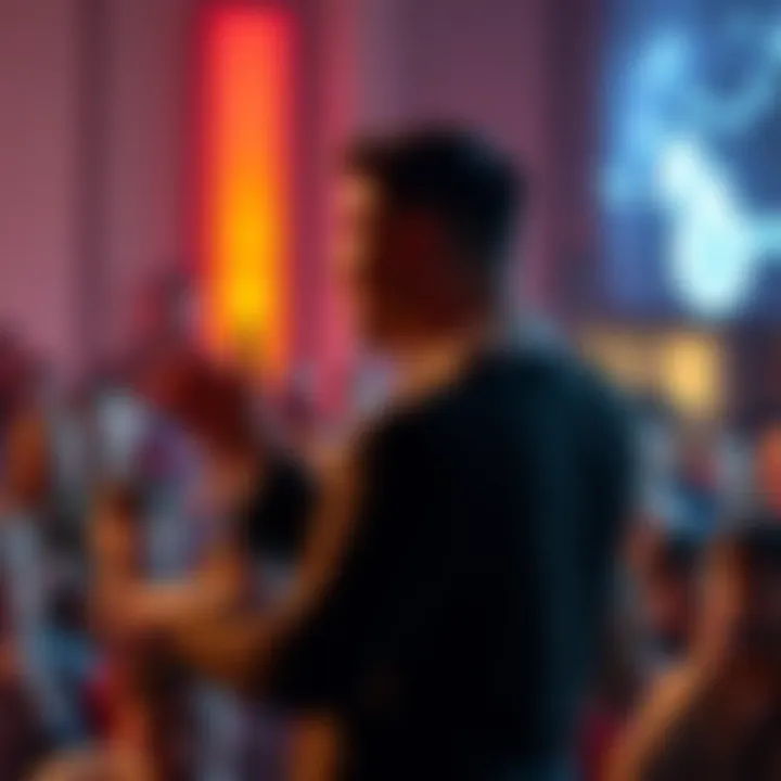 A speaker passionately discussing bitcoin with an engaged audience, showcasing enthusiasm for cryptocurrency.