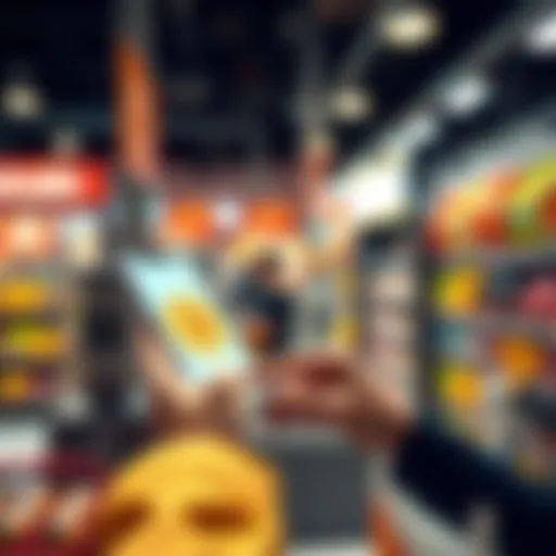 A person using a smartphone to make a Bitcoin transaction at a store checkout, with Bitcoin symbol visible, representing spending instead of holding.