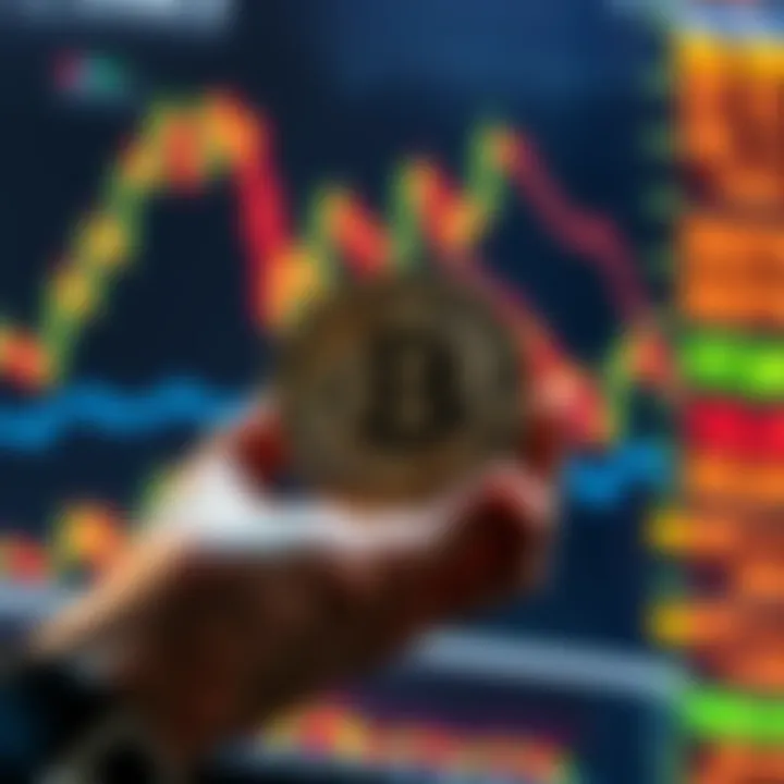 A person holds a golden Bitcoin symbol against a backdrop of fluctuating stock market graphs, symbolizing confidence in BTC during market uncertainty.