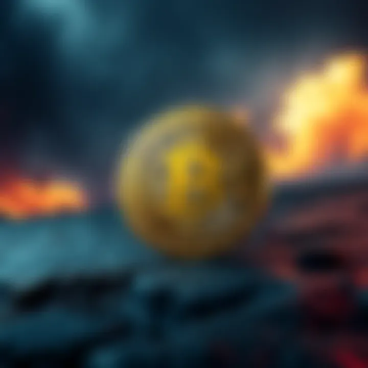 Bitcoin Symbol with Stability A Bitcoin symbol on a solid surface representing stability amidst global conflict, with a backdrop hinting at turmoil.