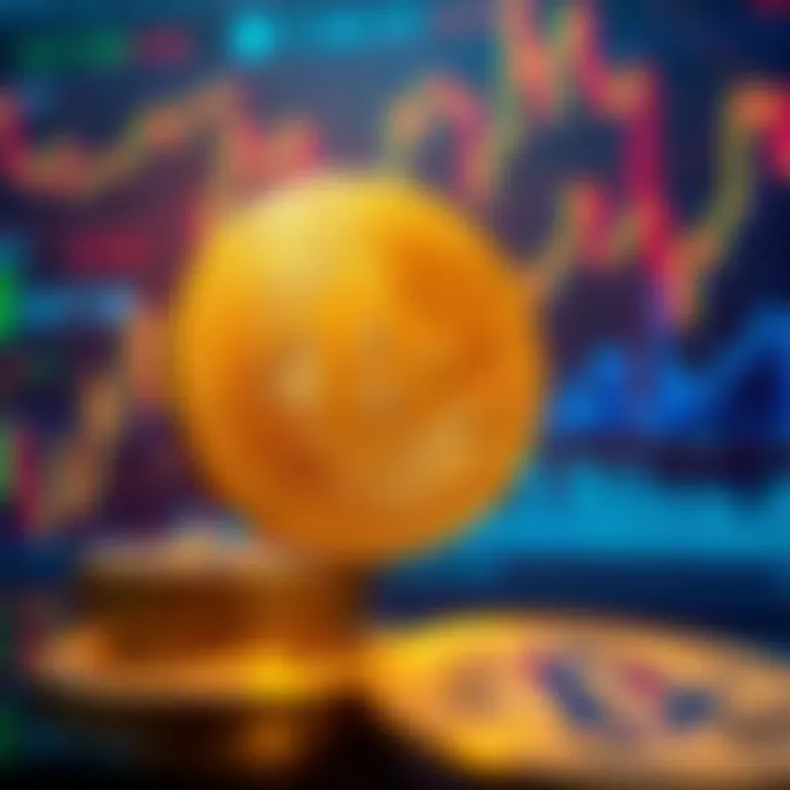 Visual representation of Bitcoin's fluctuating trends with a backdrop of financial graphs and charts