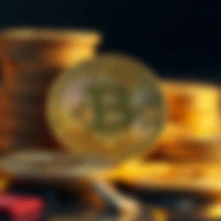 A close-up of stacked Bitcoin coins symbolizing the concept of holding cryptocurrency assets