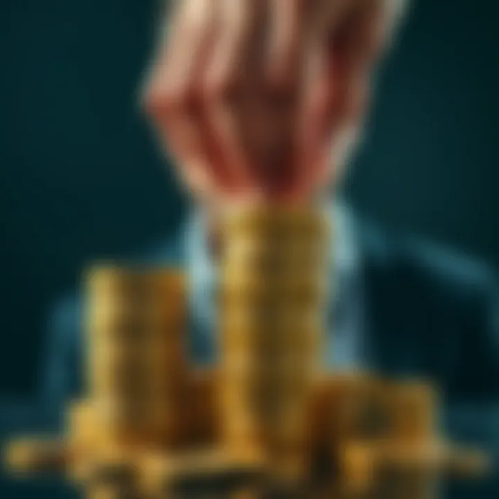 Bitcoin Stacking Concept A person stacking Bitcoin coins with a humble expression, symbolizing careful investment in cryptocurrency.