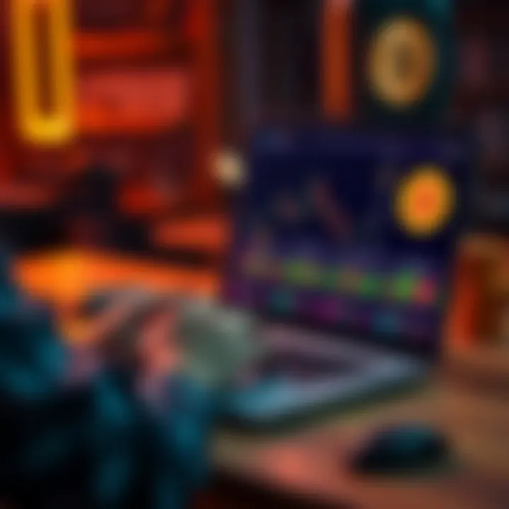 A person reviewing Bitcoin stacking strategies on a laptop, with charts and Bitcoin visuals on the screen.