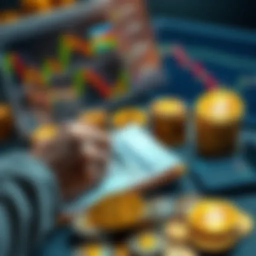 A person analyzing Bitcoin charts and making notes on a notepad, surrounded by Bitcoin coins and a calculator